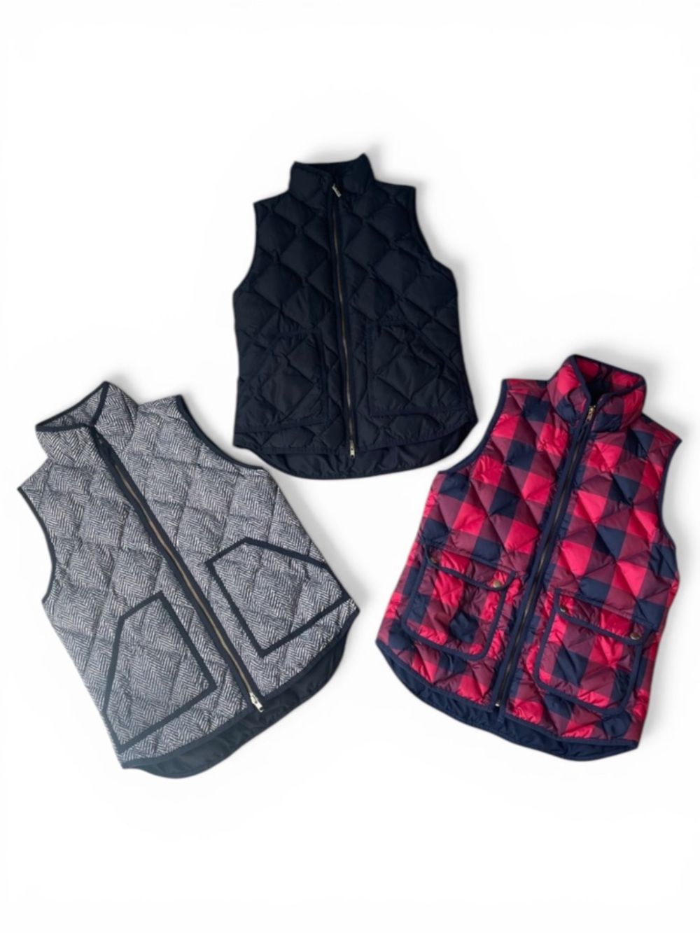 Bundle J. Crew Quilted Down Puffer Vests Sz XS Herringbone Black Buffalo Plaid